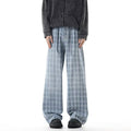 Blue Checkered Denim Pants Men Spring Autumn Lightweight Streetwear Style High-Waisted Casual Flared Bottoms