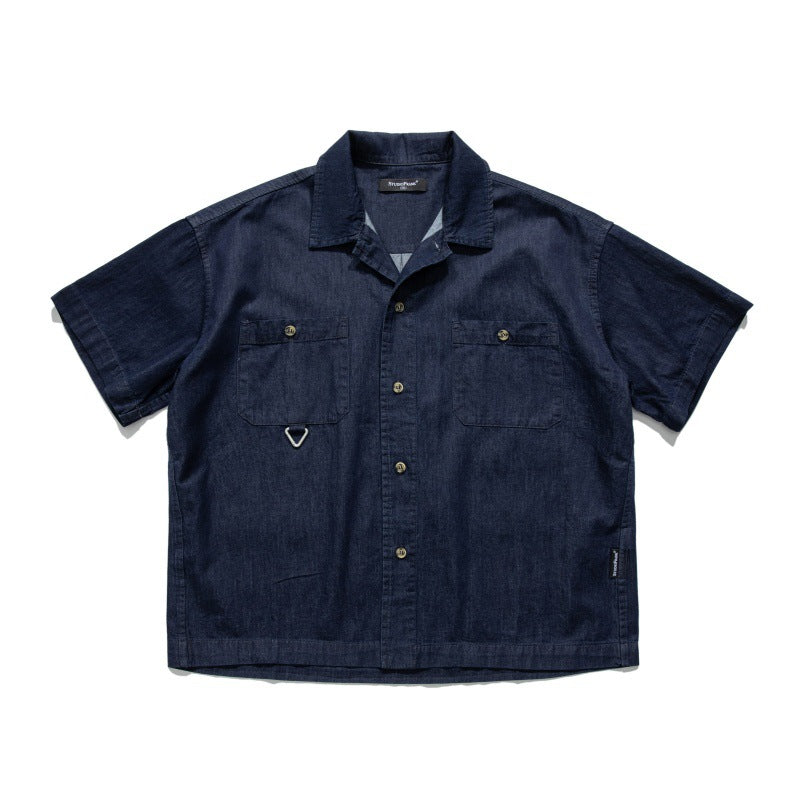 Old patch bag Cuban collar loose workwear denim shirt for men