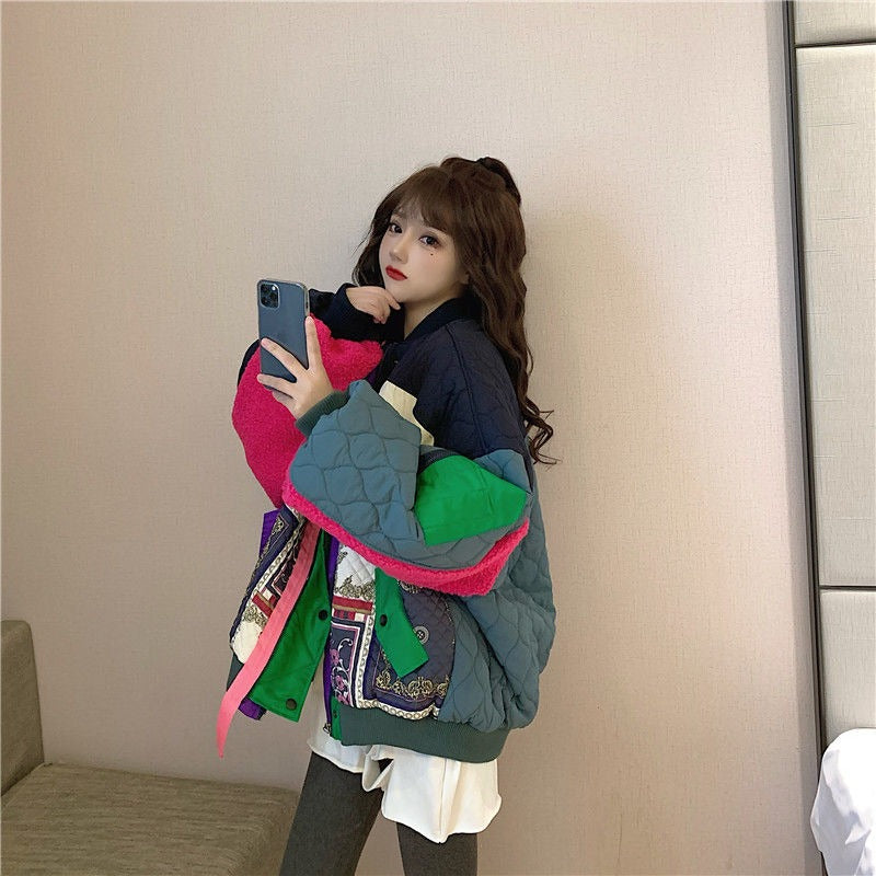 Color blocking patchwork baseball jacket short jacket for women