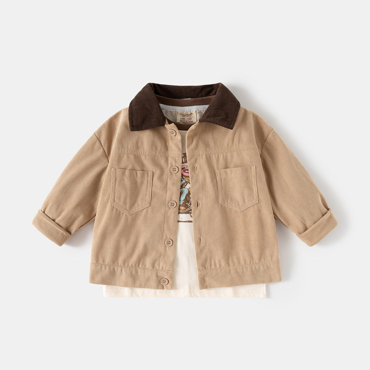 Children's Color-Blocked Corduroy Lapel Jacket, Loose Fit for Boys and Girls