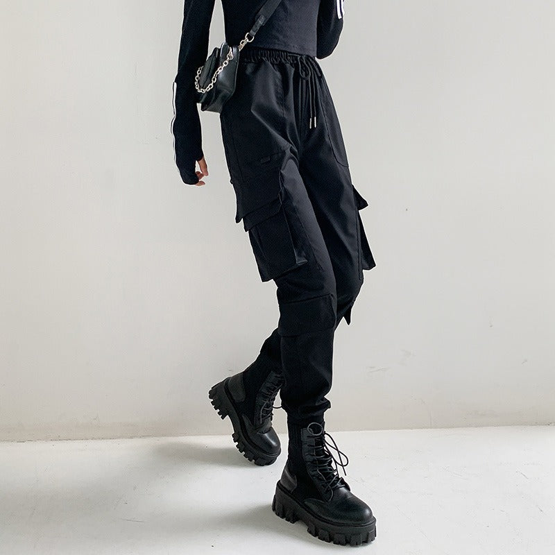Women black Female Trousers Casual Harajuku Straight Pants Plus Size Jogger Pants Pockets Streetwea