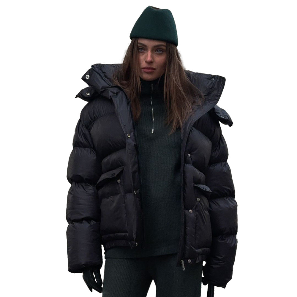 Square pocket cotton jacket warm hooded cotton jacket for women