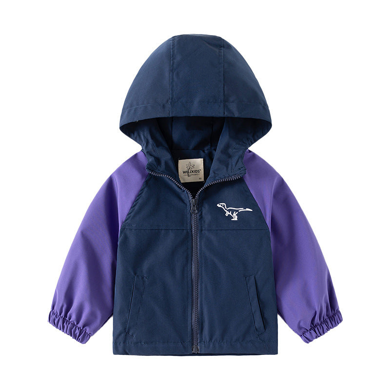 Windproof Hooded Jacket for Boys with Patchwork Sleeves Spring Outwear Kids Coat