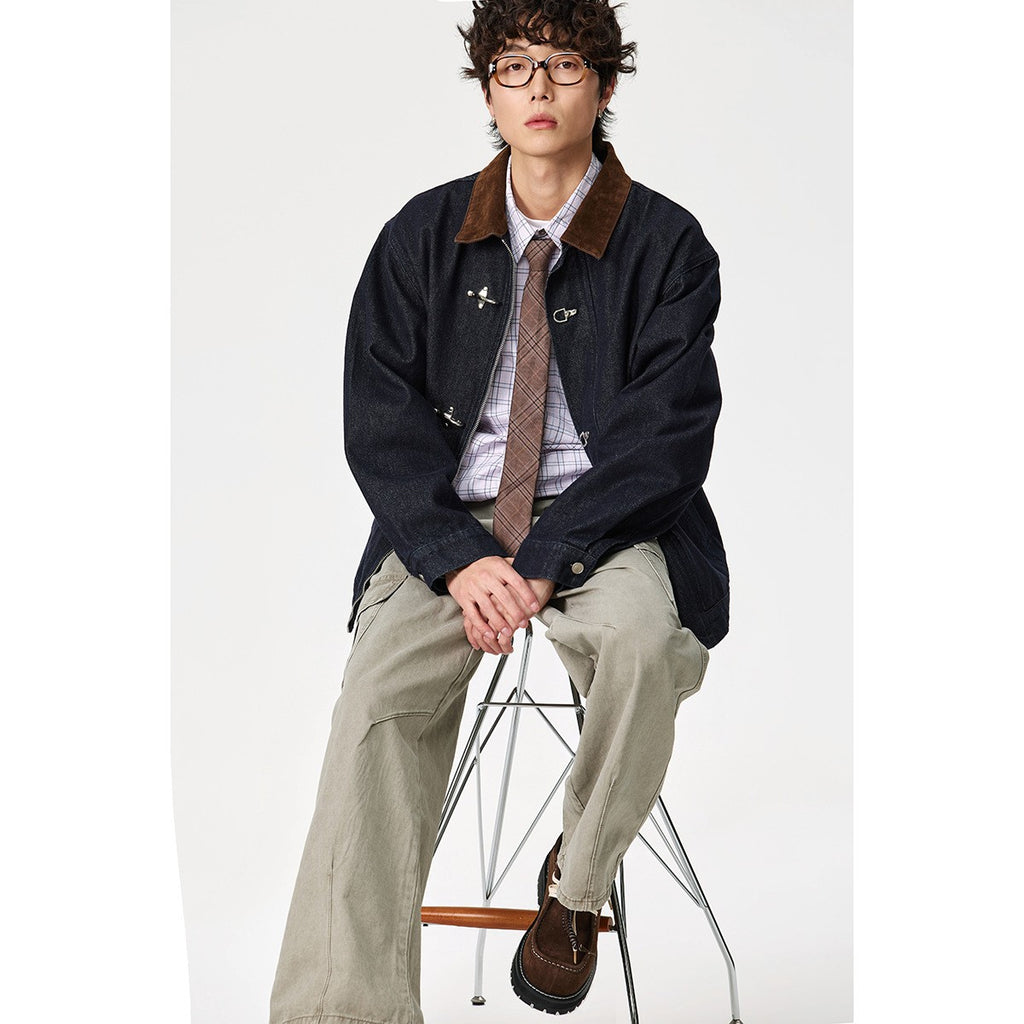 Designer Snap Button Denim Jacket for Men Retro Versatile Blue Denim Coat