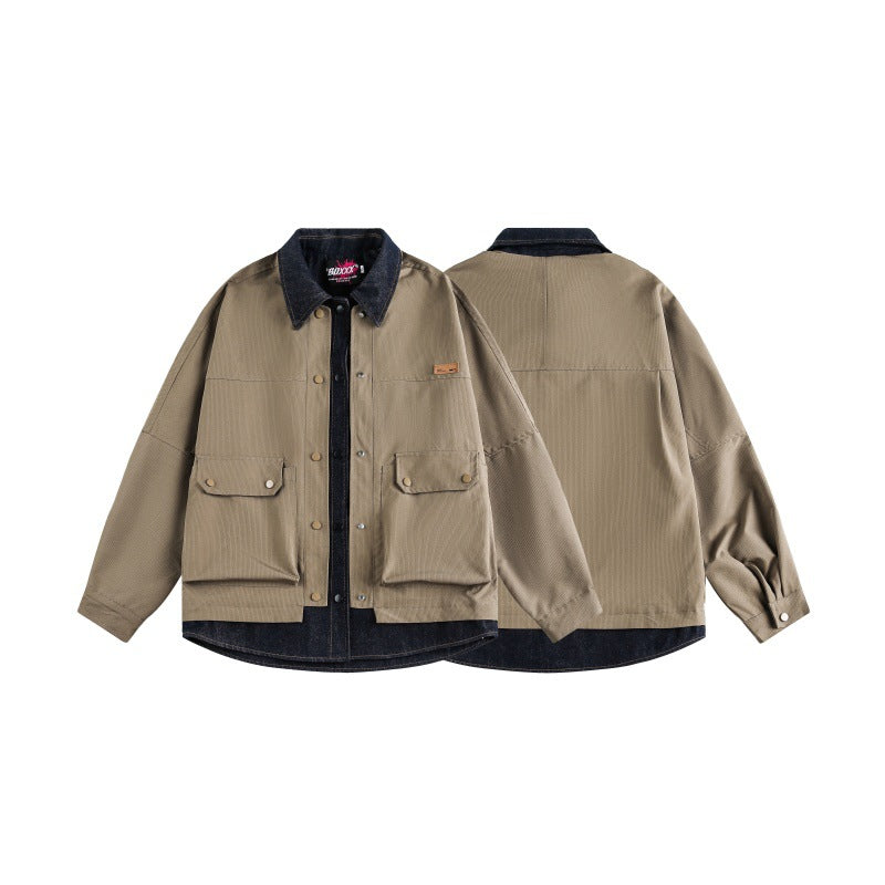 Retro Fake Two-Piece Denim Splicing Loose Casual Work Jacket Men