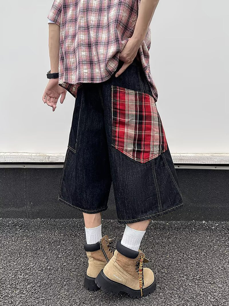 Retro large pocket plaid patchwork denim cropped pants for men