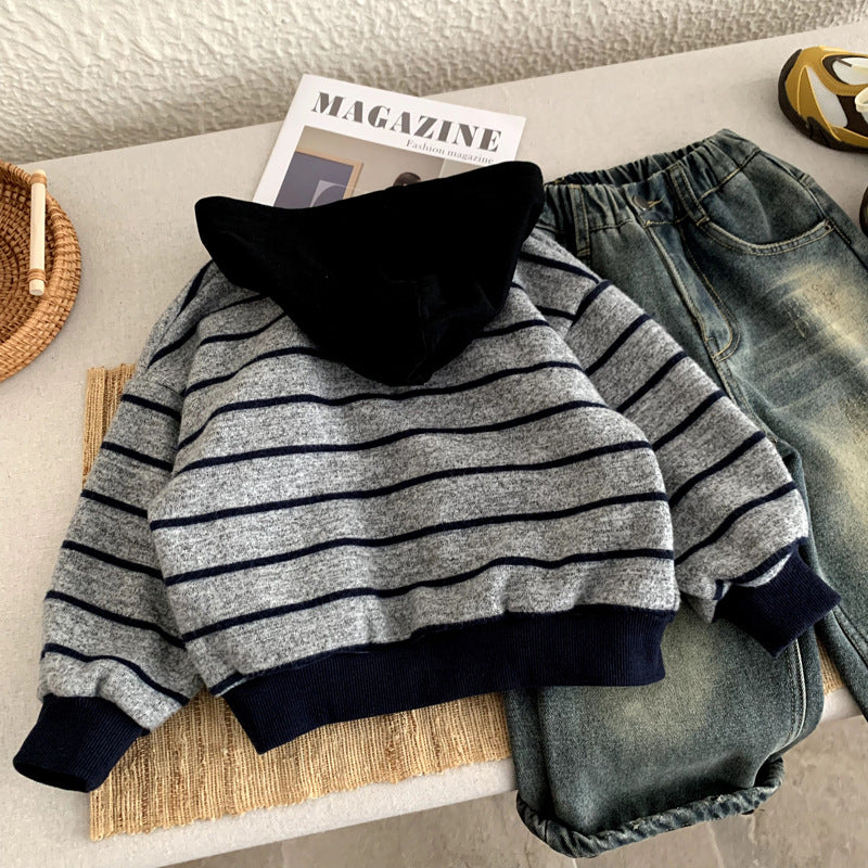 Boys' autumn and winter striped hooded jacket
