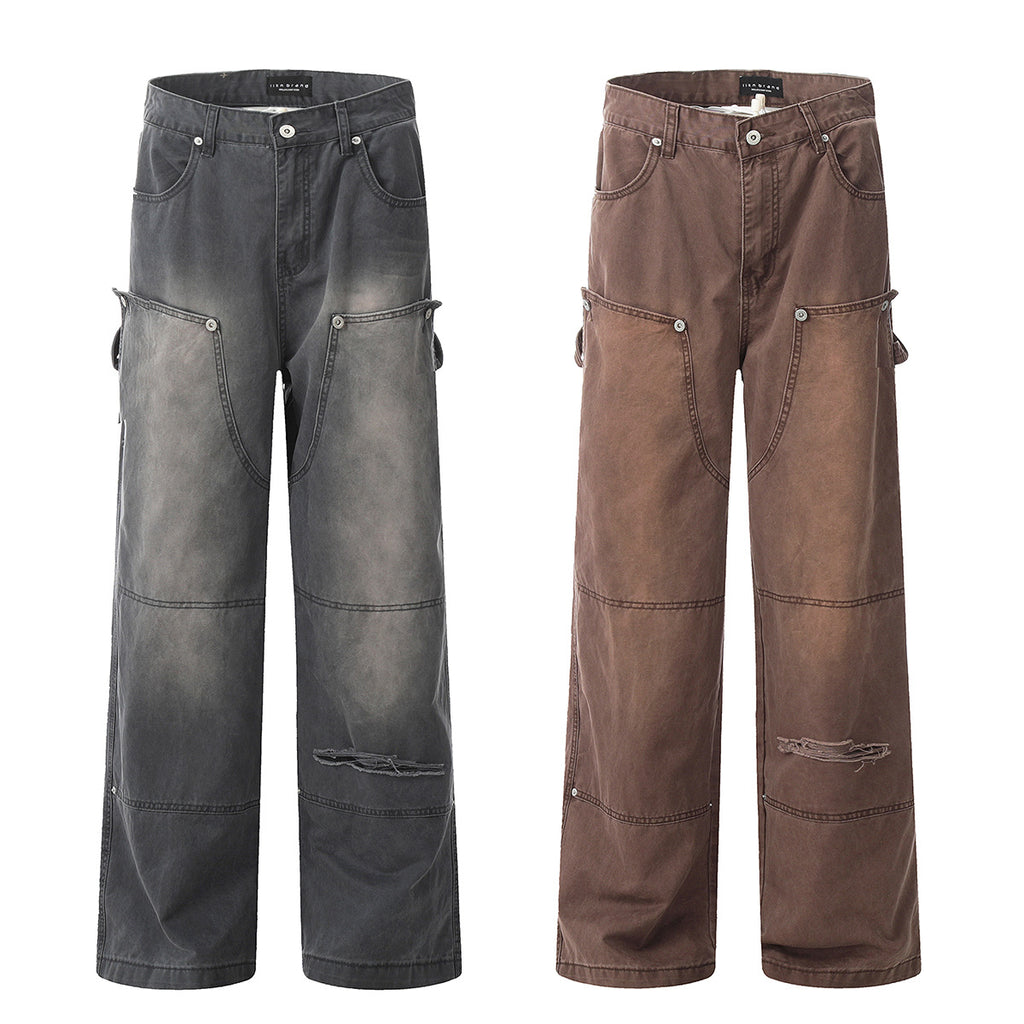 Carpenter Work Pants for Men and Women Vintage Washed Distressed Riveted Denim Loose Straight Leg Long Trousers