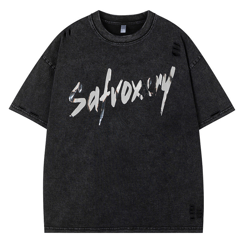 Print Crew Neck Short Sleeve T-Shirt Unisex Hip Hop Oversize Distressed