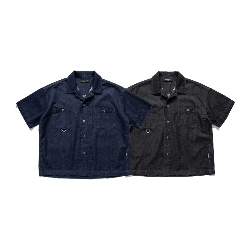 Old patch bag Cuban collar loose workwear denim shirt for men