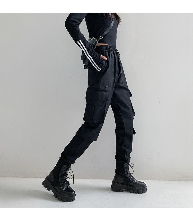 Women black Female Trousers Casual Harajuku Straight Pants Plus Size Jogger Pants Pockets Streetwea