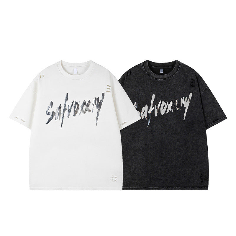 Print Crew Neck Short Sleeve T-Shirt Unisex Hip Hop Oversize Distressed