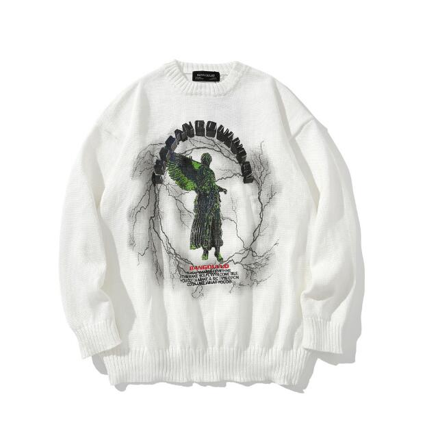 Diablo statue print sweater men and women round neck pullover sweater angel lightning print streetwear