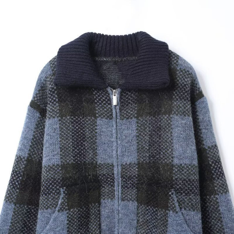 Plaid collar knitted jacket for women