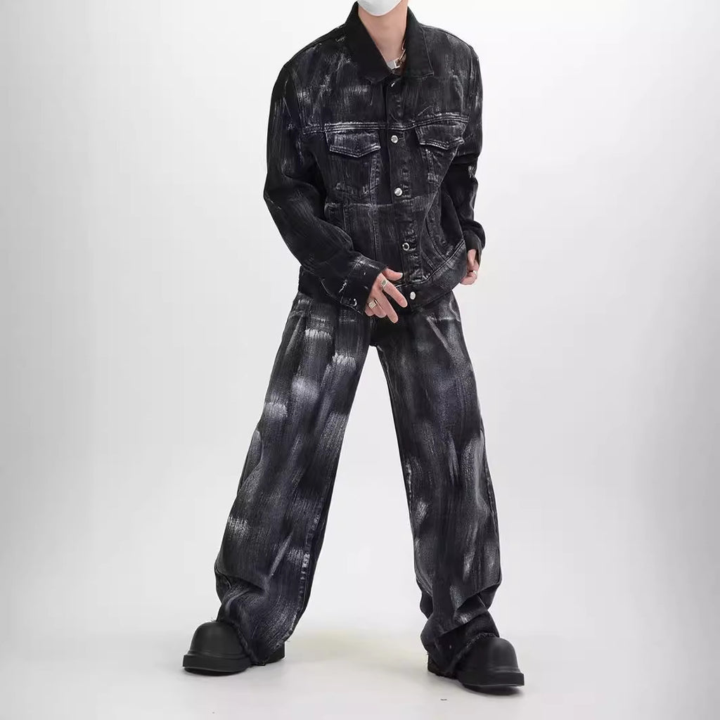Unique Washed Vintage Denim Splatter Ink Suit Design Loose Jacket Top for Men and Women
