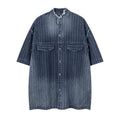 Style High-End Unique Dark Stripe Vintage Denim Shirt Men Short Sleeve Frayed Hem Washed Shirt