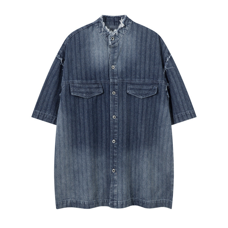 Style High-End Unique Dark Stripe Vintage Denim Shirt Men Short Sleeve Frayed Hem Washed Shirt