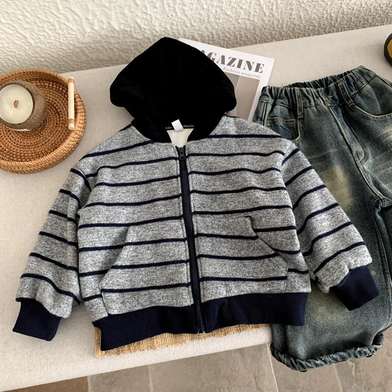 Boys' autumn and winter striped hooded jacket